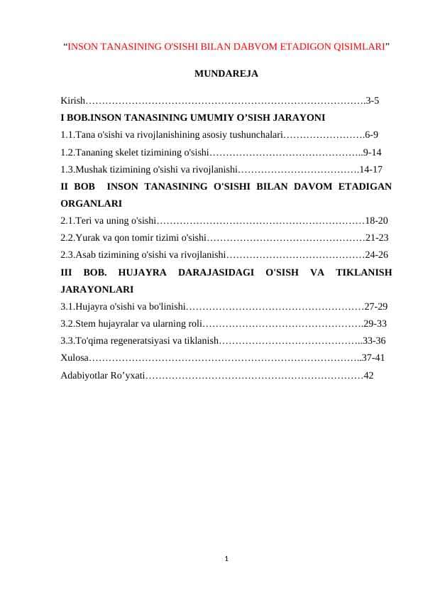 “INSON TANASINING O'SISHI BILAN DABVOM ETADIGON QISIMLARI”