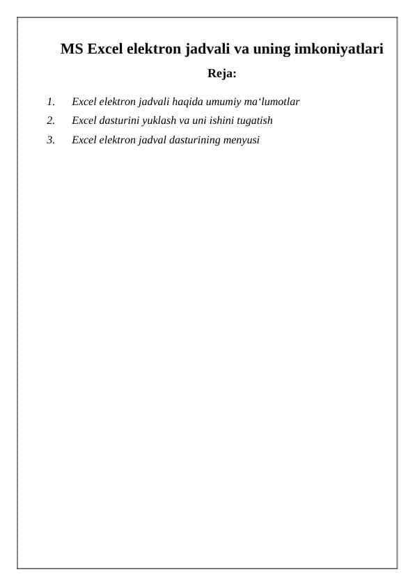 MS Excel elektron jadvali va uning imkoniyat