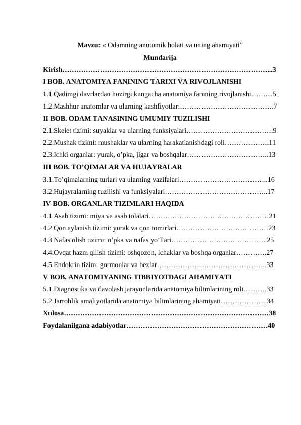 Odamning anotomik holati va uning ahamiyati