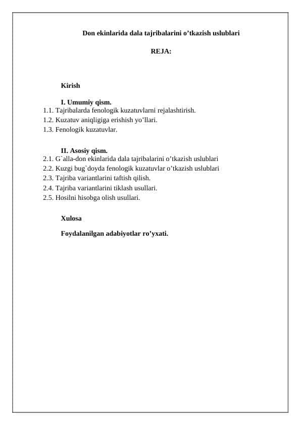 Don ekinlarida dala tajribalarini o’tkazish uslublari