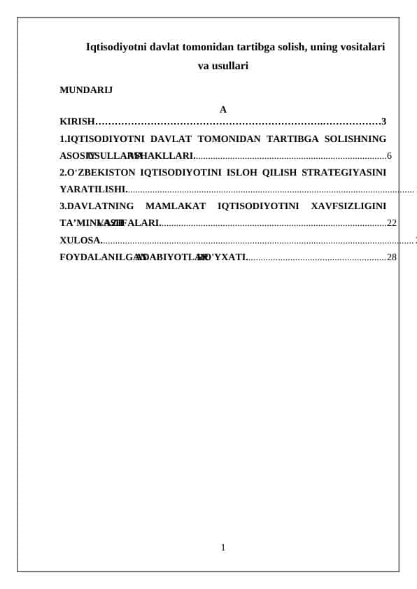 Iqtisodiyotni davlat tomonidan tartibga solish, uning vositalari va usullari