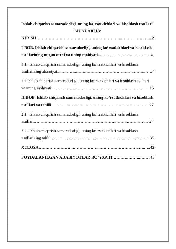 Ishlab chiqarish samaradorligi, uning ko‘rsatkichlari va hisoblash usullari