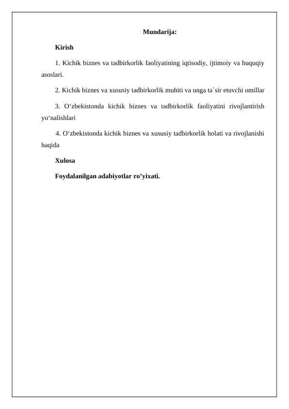Kichik biznes va tadbirkorlik faoliyatining iqtisodiy, ijtimoiy va huquqiy asoslari