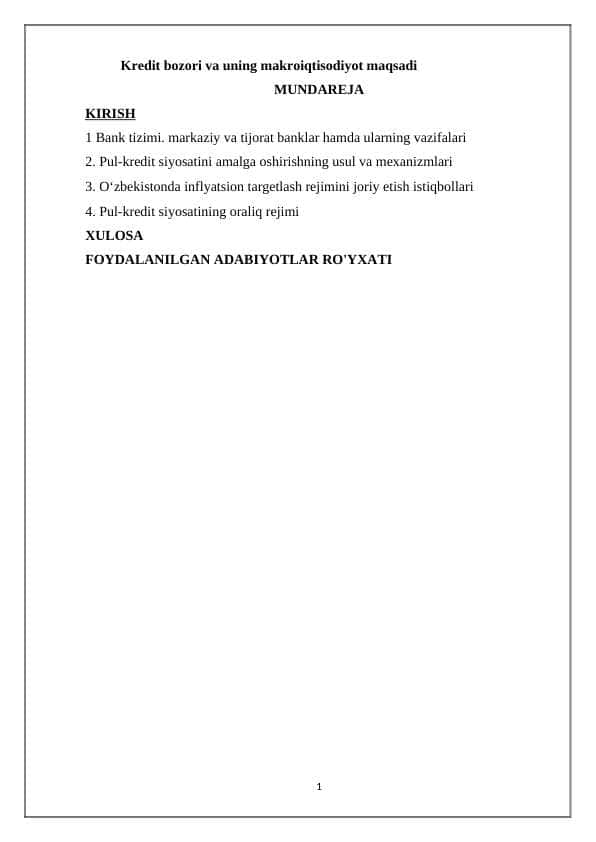 Kredit bozori va uning makroiqtisodiyot maqsadi