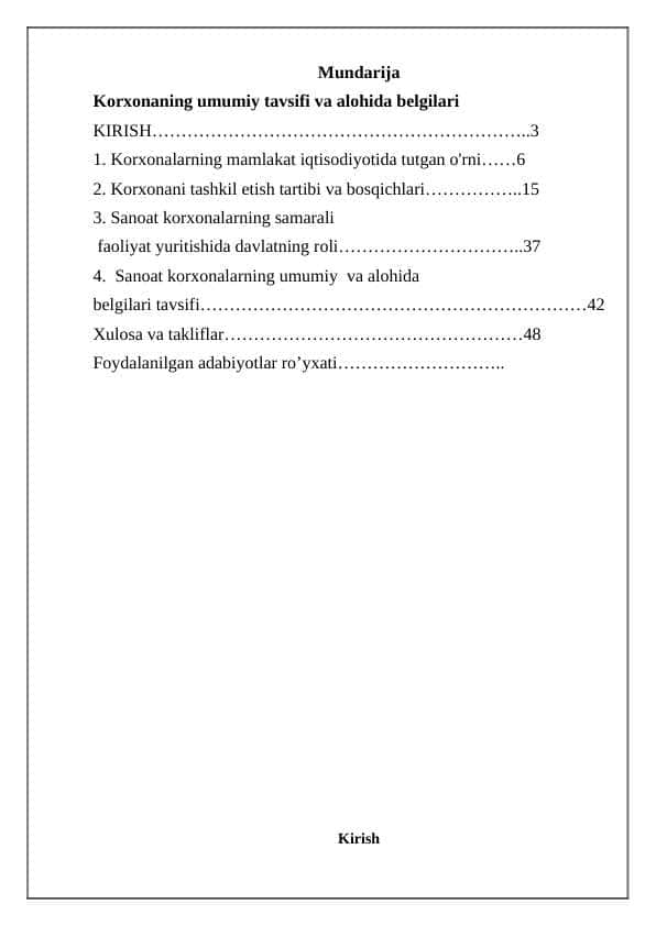 Korxonaning umumiy tavsifi va alohida belgilari