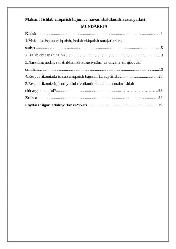 Mahsulot ishlab chiqarish hajmi va narxni shakllanish xususiyatlari