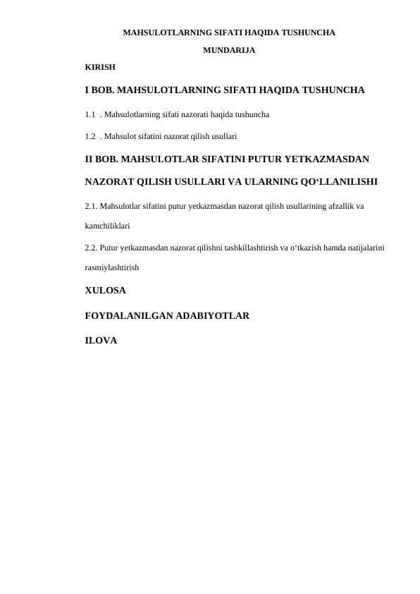 MAHSULOTLARNING SIFATI HAQIDA TUSHUNCHA