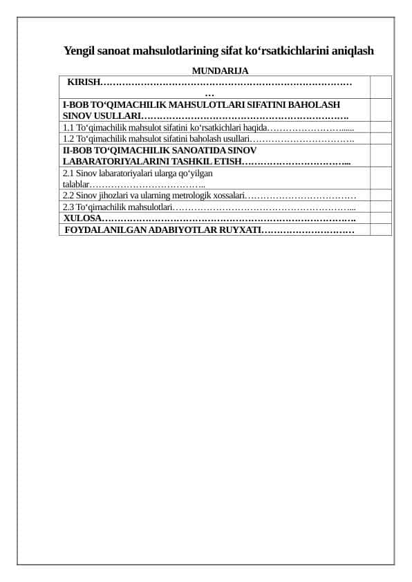 Yengil sanoat mahsulotlarining sifat ko‘rsatkichlarini aniqlash