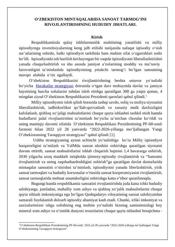 O‘zbekiston mintaqalarida sanoat tarmog‘ini rivojlantirishning hududiy jihatlari