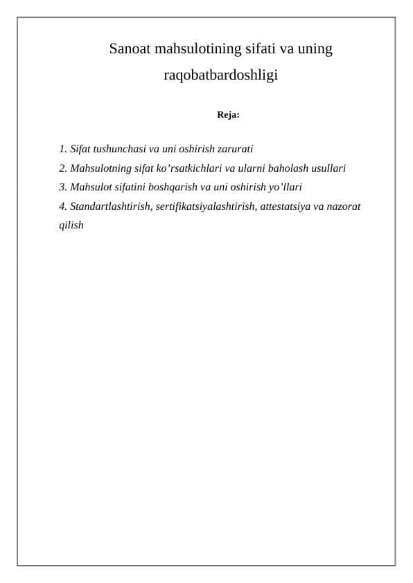 Sanoat mahsulotining sifati va uning raqobatbardoshligi