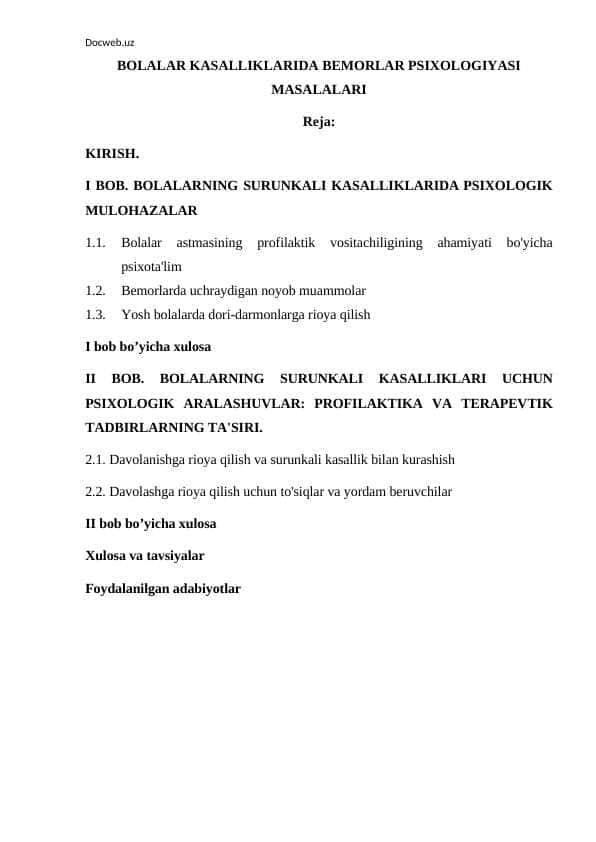BOLALAR KASALLIKLARIDA BEMORLAR PSIXOLOGIYASI MASALALARI