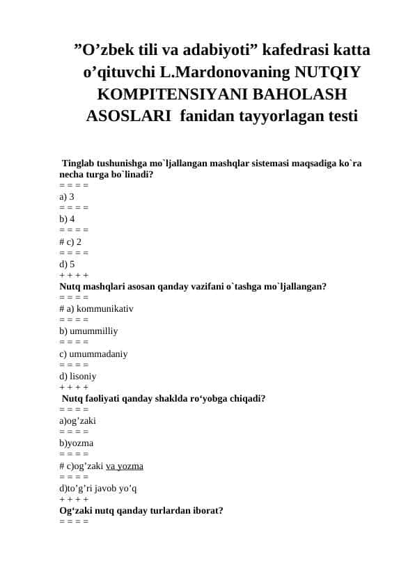 NUTQIY KOMPITENSIYANI BAHOLASH fanidan test