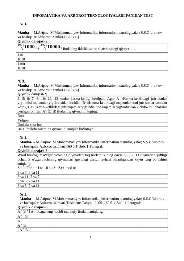 INFORMATIKA VA AXBOROT TEXNOLOGIYALARI FANIDAN TEST