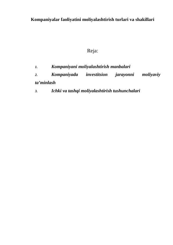 Kompaniyalar faoliyatini moliyalashtirish turlari va shakillari
