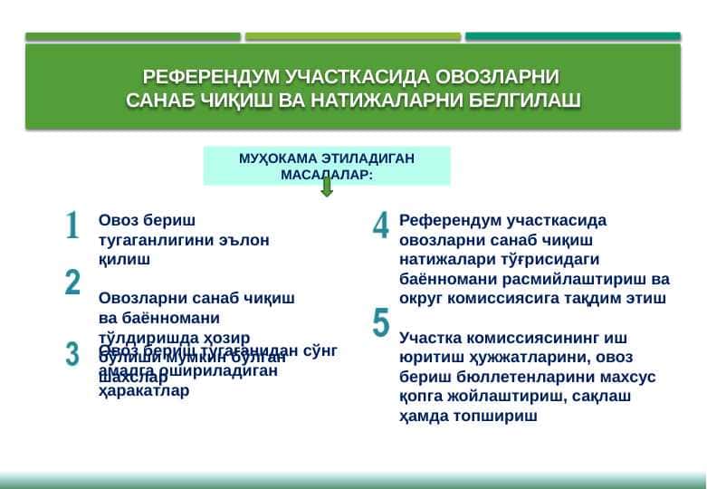 РЕФЕРЕНДУМ УЧАСТКАСИДА ОВОЗЛАРНИ САНАБ ЧИҚИШ ВА НАТИЖАЛАРНИ БЕЛГИЛАШ