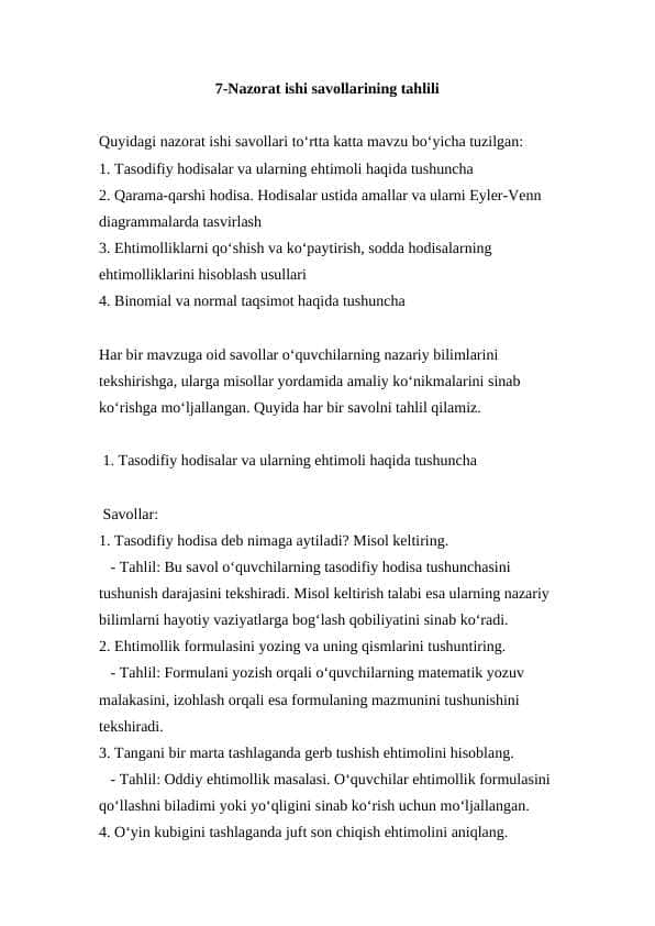 7-Nazorat ishi savollarining tahlili 11-sinf Algebra (2024-2025)