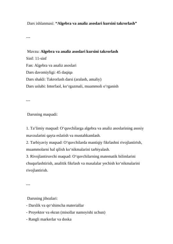 Algebra va analiz asoslari kursini takrorlash ( Dars ishlanma )