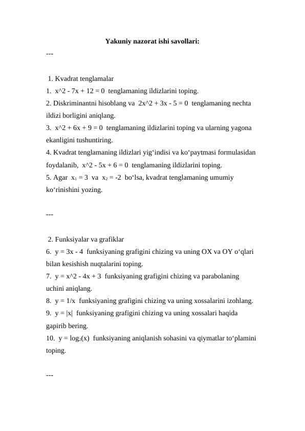 8-nazorat ishi ( Yakuniy nazorat ishi ) savollari 11-sinf Algebra (2024-2025)