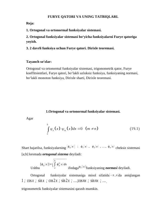 FURYE QATORI VA UNING TATBIQLARI