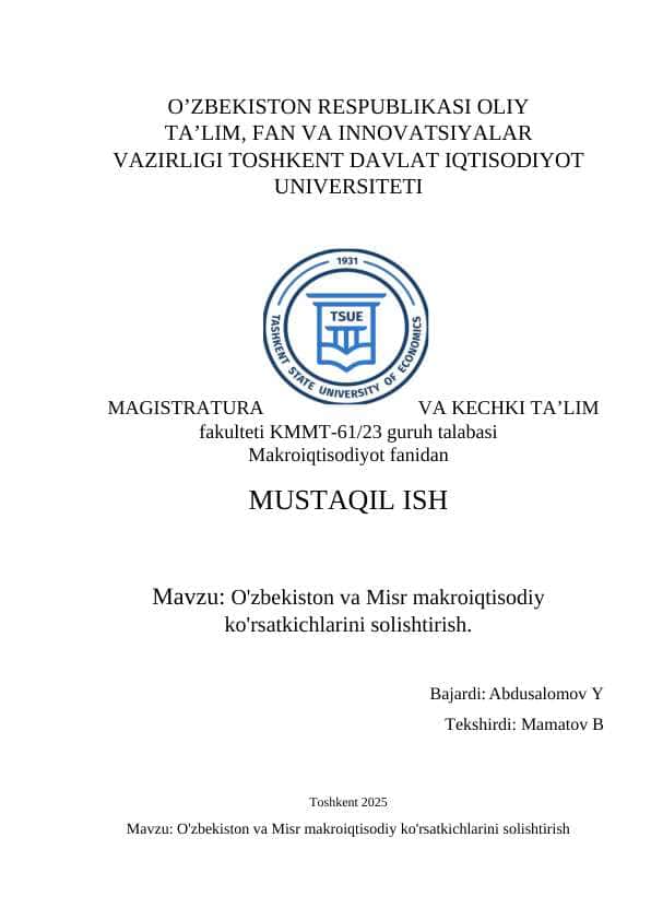 O'zbekiston va Misr makroiqtisodiy ko'rsatkichlarini solishtirish.