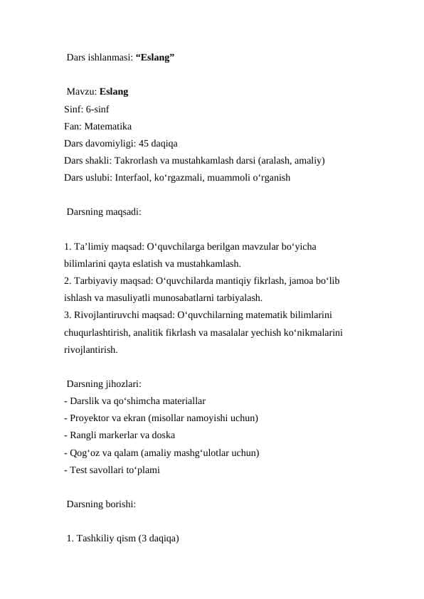 Eslang 6-sinf 4-chorak uchun ( Dars ishlanmasi )