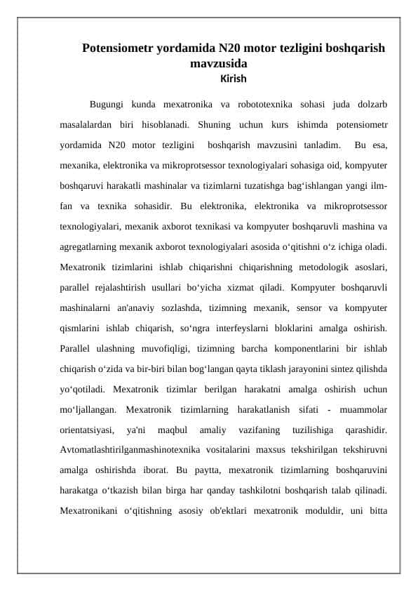 Potensiometr yordamida N20 motor tezligini boshqarish mavzusida
