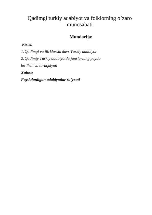 Qadimgi turkiy adabiyot va folklorning o’zaro munosabati