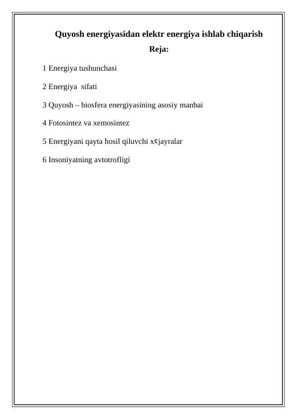 Quyosh energiyasidan elektr energiya ishlab chiqarish