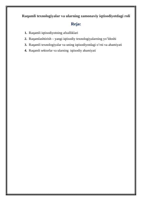 Raqamli texnologiyalar va ularning zamonaviy iqtisodiyotdagi roli