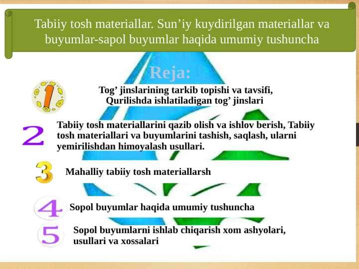 Tabiiy tosh materiallar. Sun’iy kuydirilgan materiallar va buyumlar-sapol buyumlar haqida umumiy tushuncha