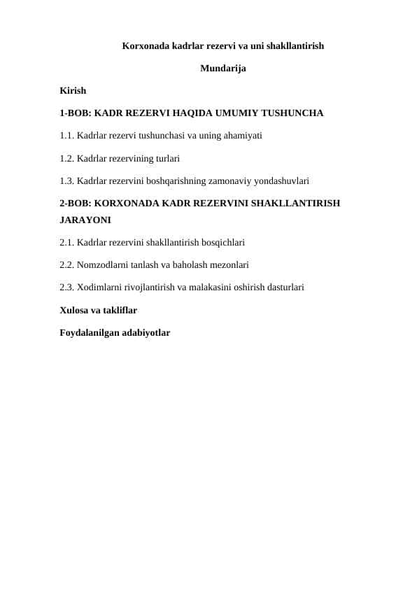Korxonada kadrlar rezervi va uni shakllantirish