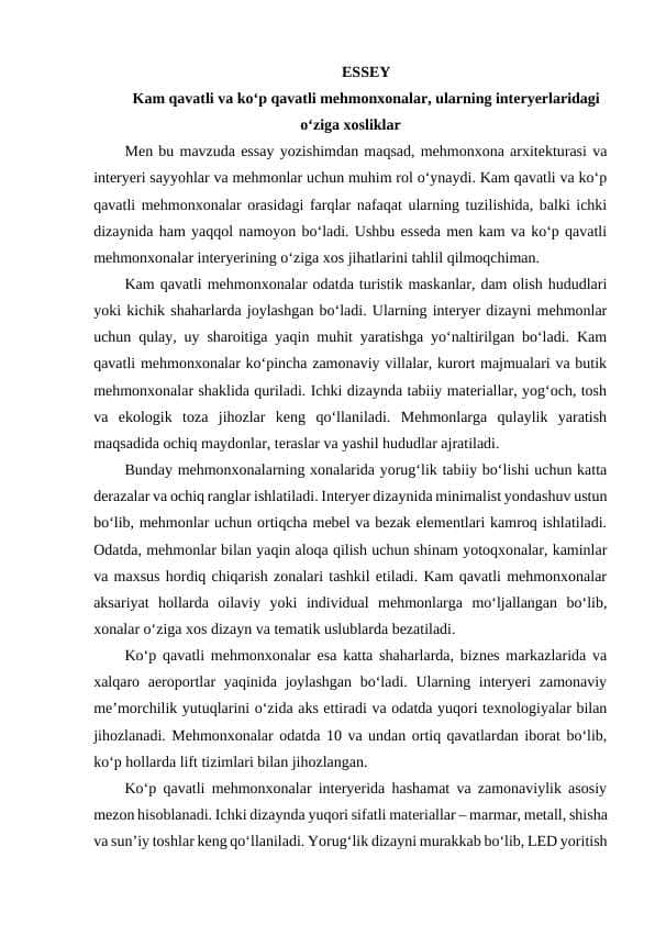 Kam qavatli va ko‘p qavatli mehmonxonalar, ularning interyerlaridagi o‘ziga xosliklar