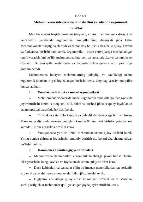 Mehmonxona interyeri va landshaftini yaratishda ergonomik talablar