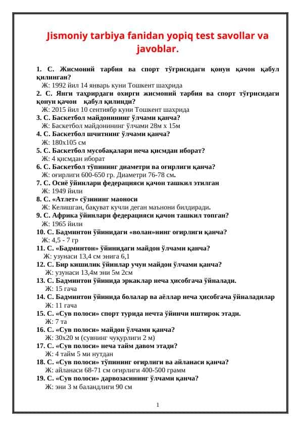 Jismoniy tarbiya fanidan yopiq test savollar va javoblar