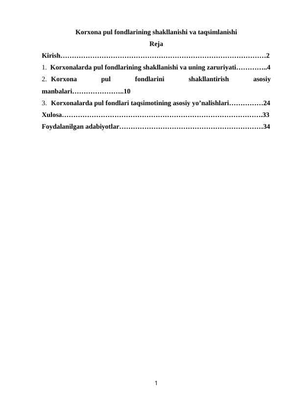 Korxona pul fondlarining shakllanishi va taqsimlanishi