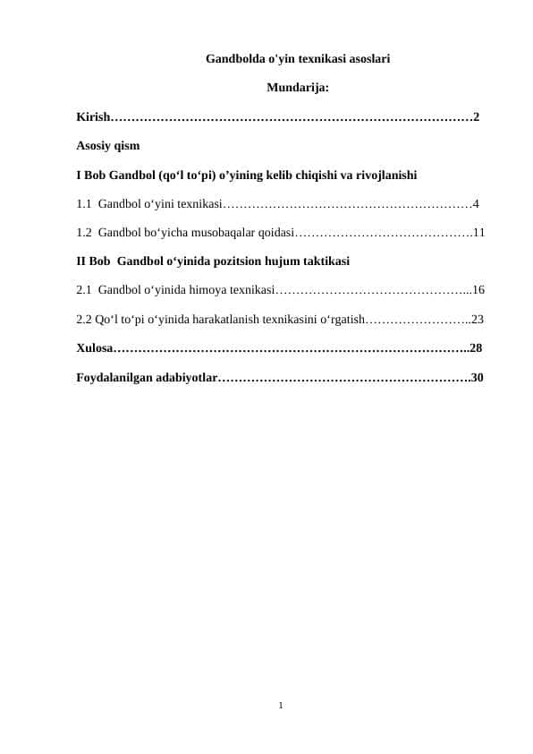 Gandbolda o'yin texnikasi asoslari