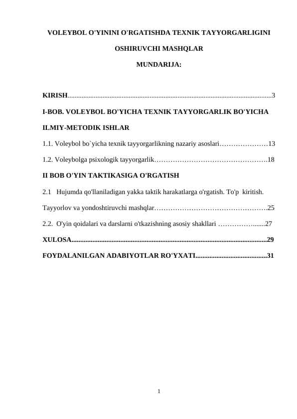 VOLEYBOL O'YININI O'RGATISHDA TEXNIK TAYYORGARLIGINI OSHIRUVCHI MASHQLAR