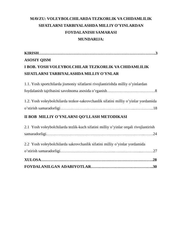 VOLEYBOLCHILARDA TEZKORLIK VA CHIDAMLILIK SIFATLARNI TARBIYALASHDA MILLIY O’YINLARDAN FOYDALANISH SAMARASI