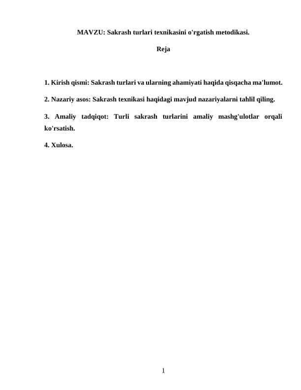 Sakrash turlari texnikasini o'rgatish metodikasi