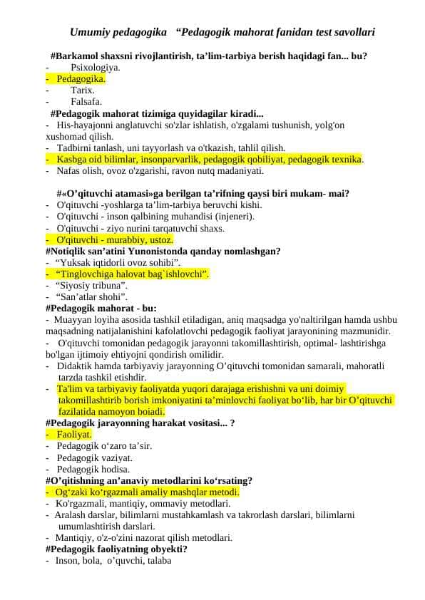Pedagogik mahorat fanidan test savollari