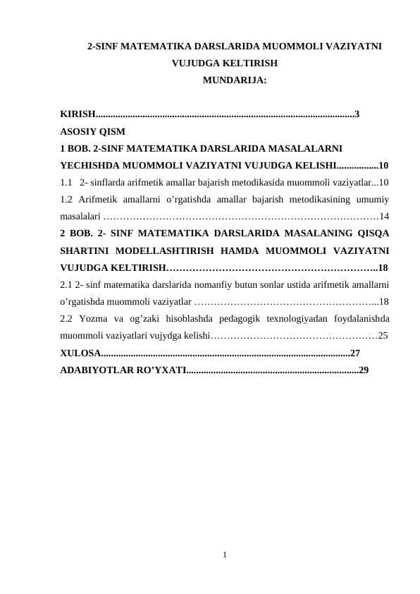 2-SINF MATEMATIKA DARSLARIDA MUOMMOLI VAZIYATNI VUJUDGA KELTIRISH