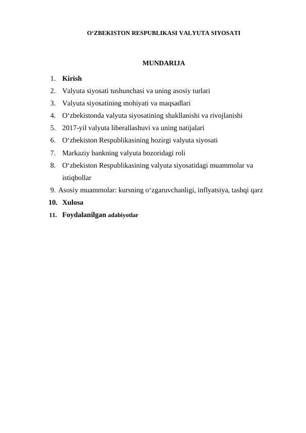 O‘ZBEKISTON RESPUBLIKASI VALYUTA SIYOSATI KURS ishi