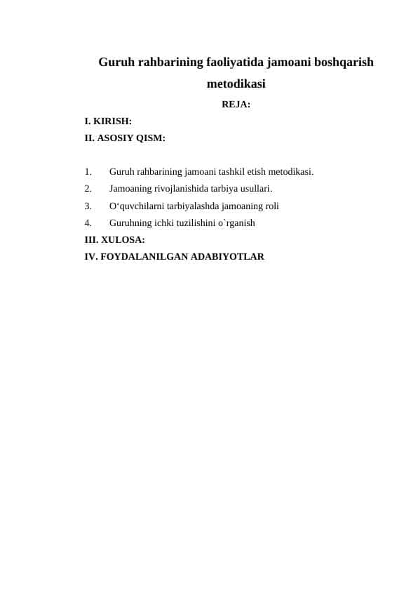 Guruh rahbarining faoliyatida jamoani boshqarish metodikasi asosida kurs ishi