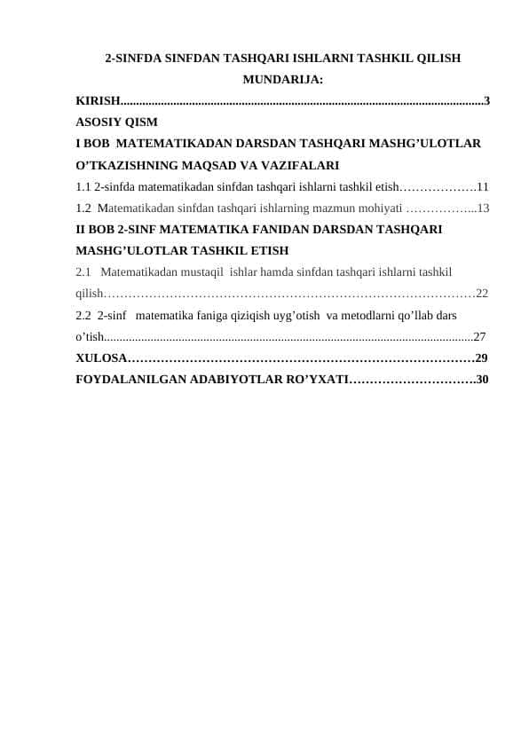 2-SINFDA SINFDAN TASHQARI ISHLARNI TASHKIL QILISH