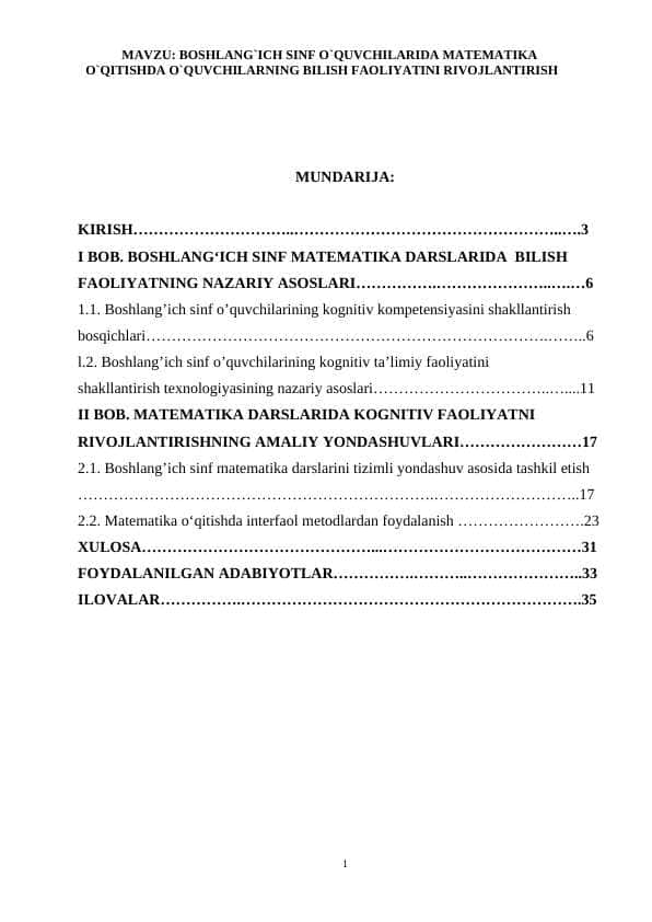 KURS ISHI. Boshlang`ich sinf o`quvchilarida matematika o`qitishda o`quvchilarning bilish faoliyatini rivojlantirish