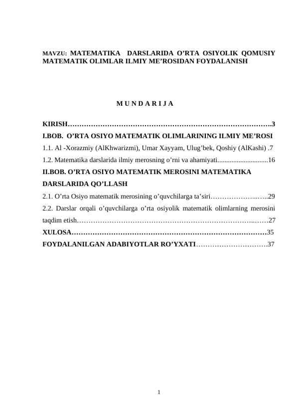 KURS ISHI. matematika darslarida o`rta osiyolik qomusiy matematik olimlarning ilmiy me`rosidan foydalanish