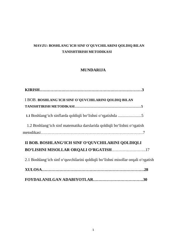 KURS ISHI. Boshlang`ich sinf o`quvchilarini qoldiq bilan tanishtirish metodikasi