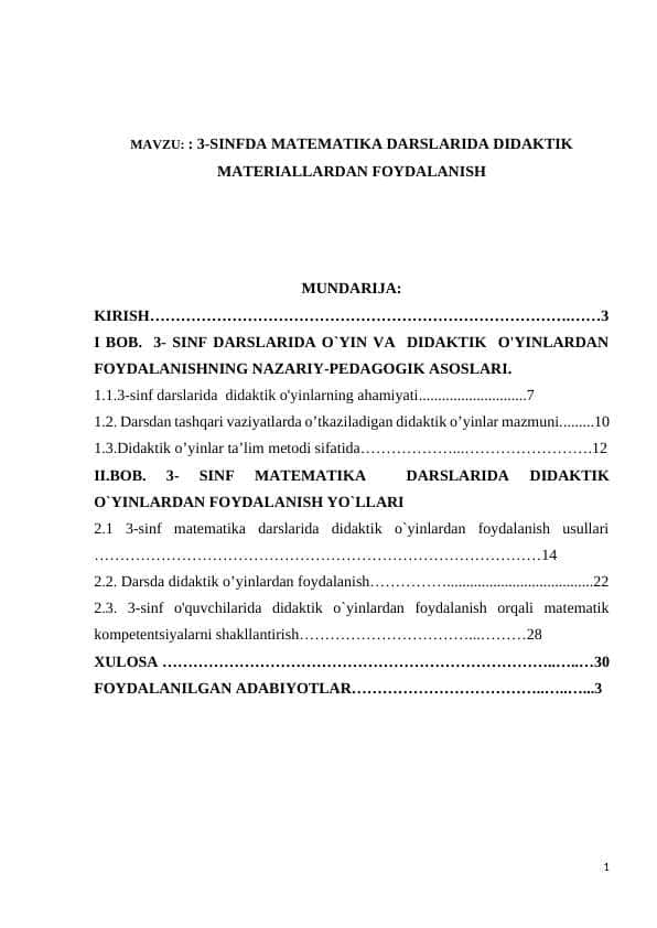 KURS ISHI. 3-sinfda matematika darslarida didaktik materiallardan foydalanish