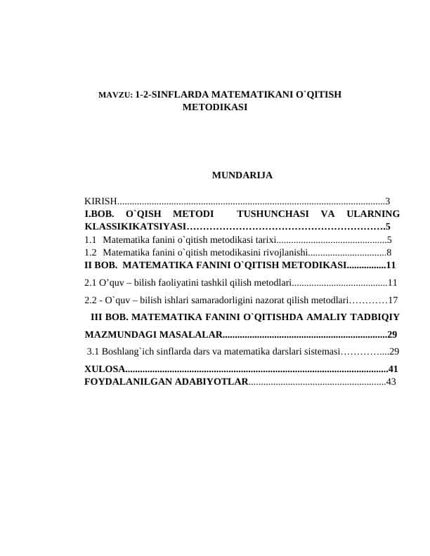 KURS ISHI. 1-2 sinflarda matematikani o`qitish metodikasi