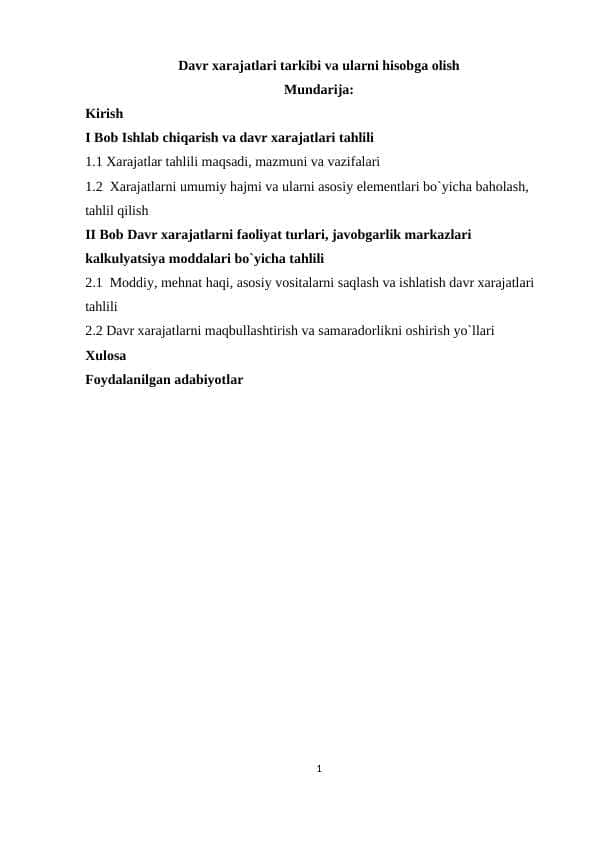 Davr xarajatlari tarkibi va ularni hisobga olish